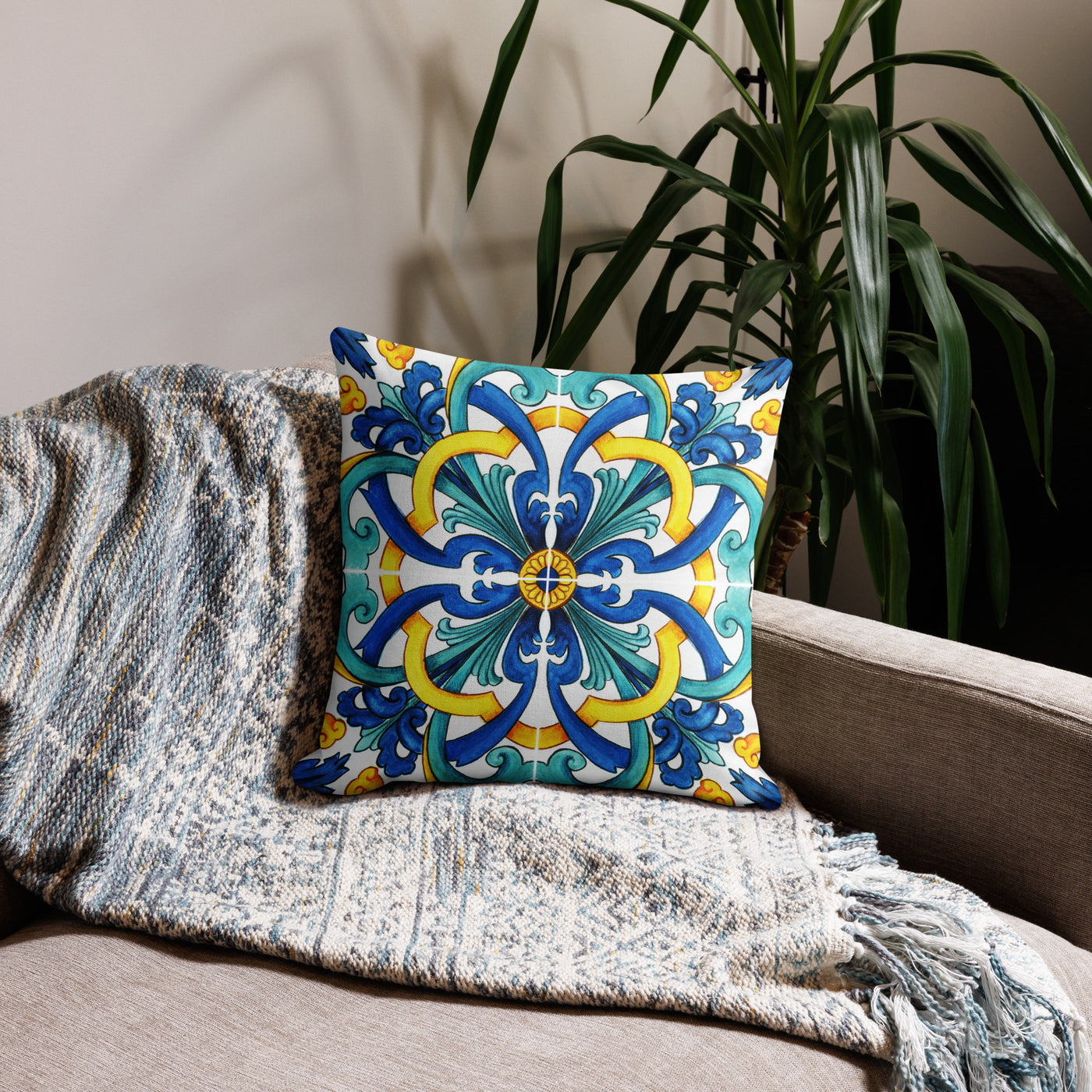 Maison James Leslie Mediterranean Blue Tile Premium Pillow Cover